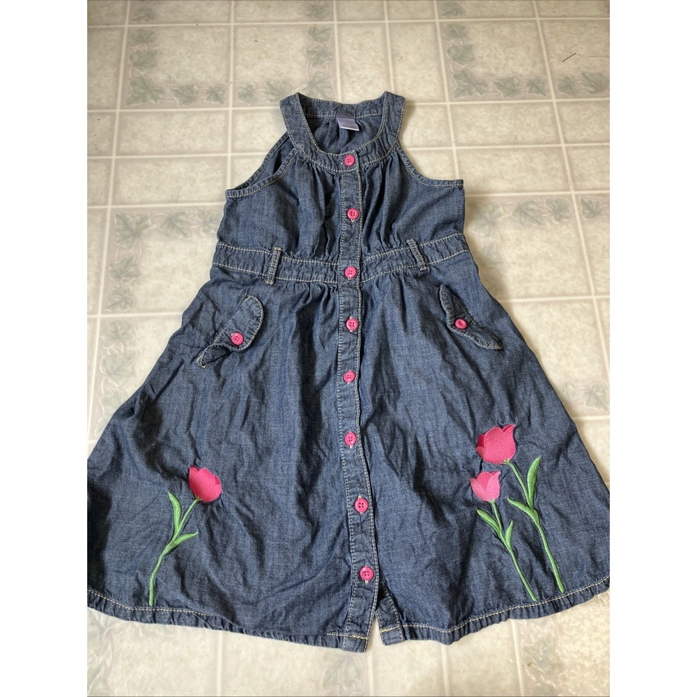 Gymboree vintage 2011 TULIPS denim Chambray DRESS sz 8 embroidered pink tulips
